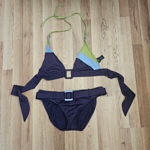 Mossimo Colorblock Bikini Set Belted Bottom Halter Top Purple Green L